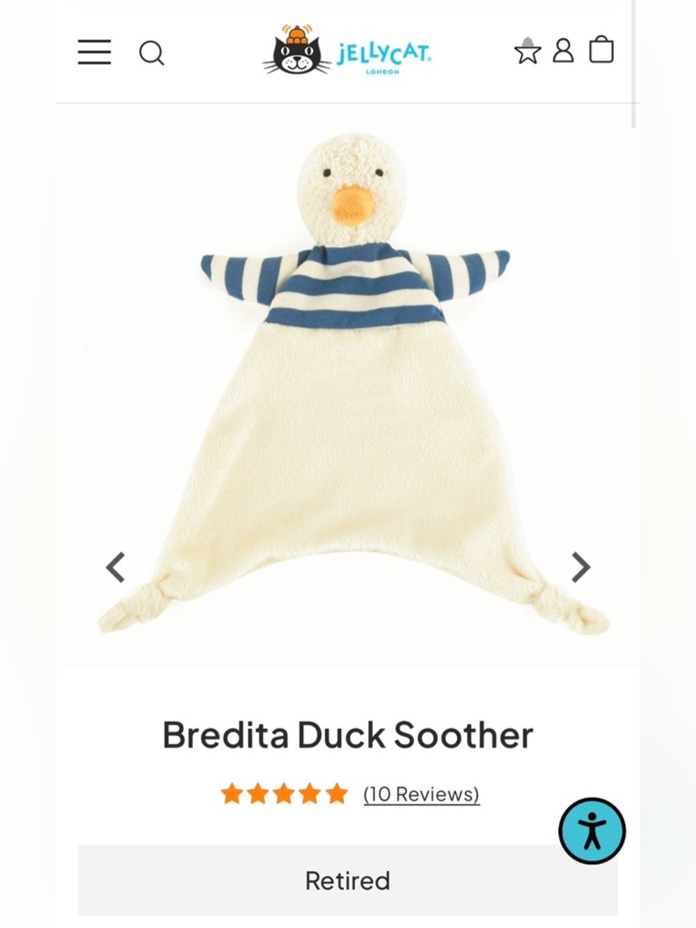 Jellycat Bredita Duck Soother Retired Lovey Security Blanket 9”